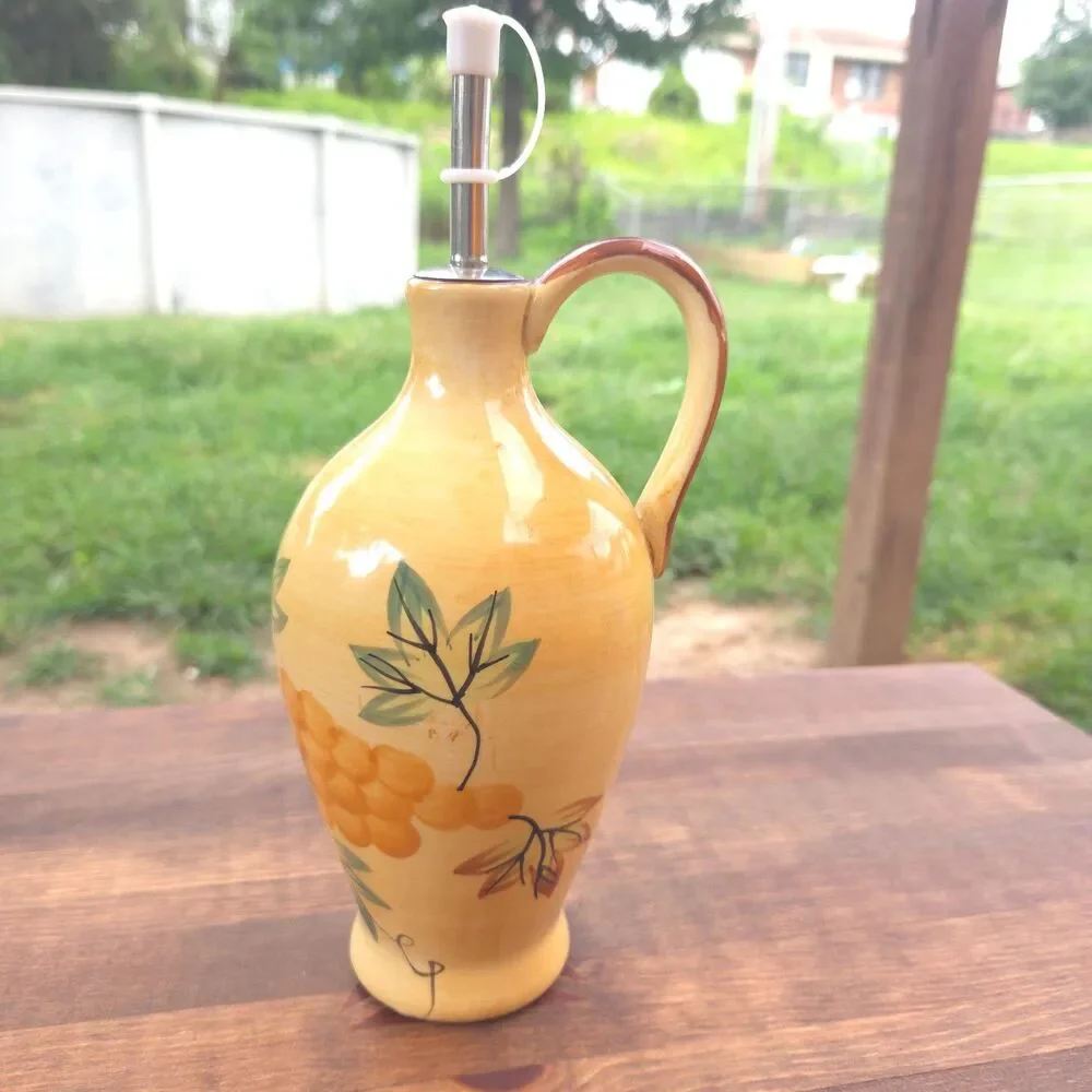 Vintage Ceramic Olive Oil Decanter Grape Cruet Bottle Pourer 9.5 Inch
